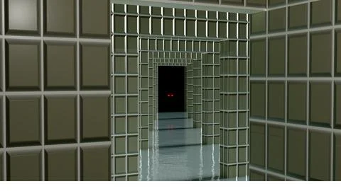 Liminal Space. 3D Render Of Creepy Liminal Space Tiled Corridor With Red Eyes Stock Illustration