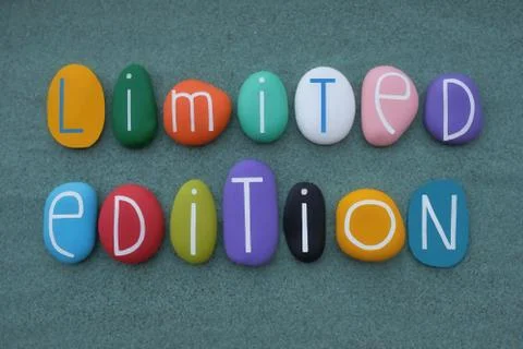 Limited edition, unique text composed with multicolored stone letters Stock Photos