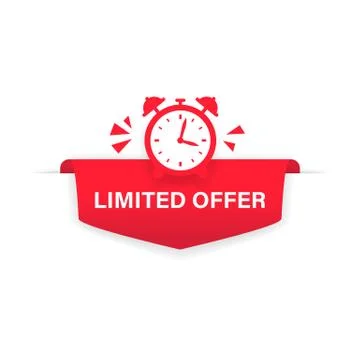 Limited offer button, ribbon, flat label. Alarm clock countdown logo. Sale ba Stock Illustration