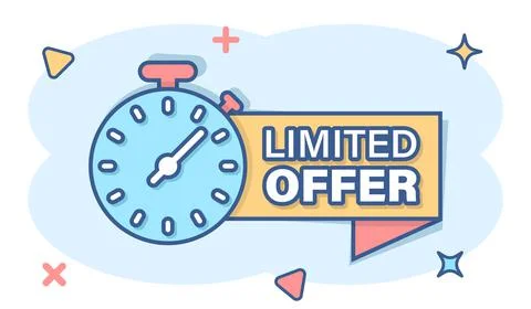Limited offer label icon in comic style. Discount banner with clock cartoon v Stockillustratie