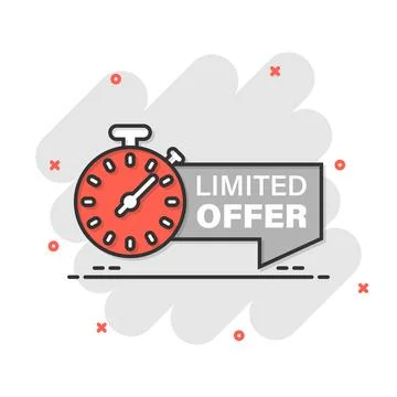Limited offer label icon in comic style. Discount banner with clock cartoon.. Stock Illustration
