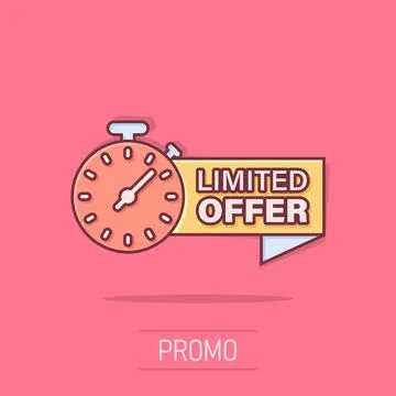 Limited offer label icon in comic style. Discount banner with clock cartoon.. 스톡 일러스트
