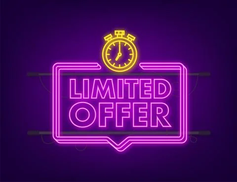 Limited Offer Labels. Alarm clock countdown logo. Neon icon. Limited time offer Stock Illustration