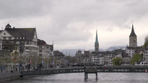 Limmat District 1 bridge clocktower wide Stock Footage 89178133