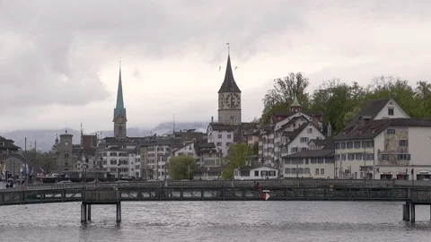 Limmat District 1 bridge clocktower Stock-Footage 89178172