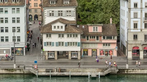 The Limmat river dock in historic old town of Zurich, Switzerland Stock Footage 81518522