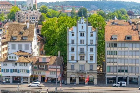 Limmat River Waterfront Architecture in Old Town Zurich, Switzerland, Europe Stock Photos
