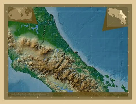 Limon, Costa Rica. Colored elevation map with lakes and rivers 스톡 일러스트