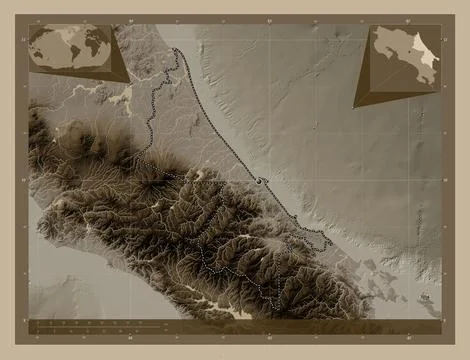 Limon, Costa Rica. Elevation map colored in sepia tones with lakes and rivers Stock Illustration