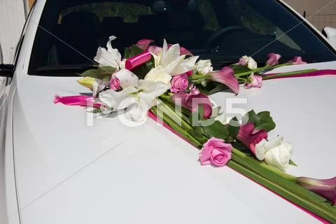 Limousine, decorated with flowers - white and pink Stock Photos