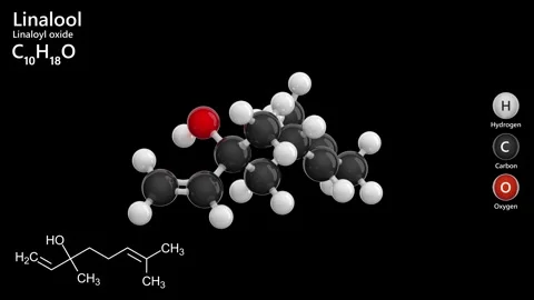 Linalool. Terpene alcohol. 3D model. C10H18O. Black background. 3D render Stock Footage 295031501