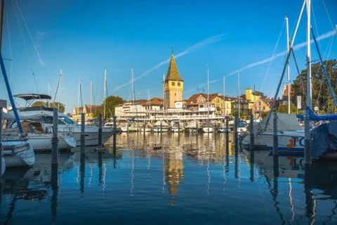 Lindau, Germany, July 2019 - View of marina and the Mangturm tower situated in Stock Photos