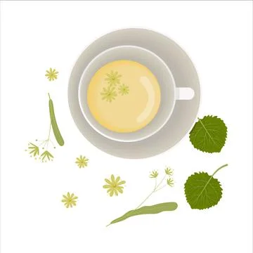 Linden herbal tea set with decor. Flat illustration. Stock Illustration