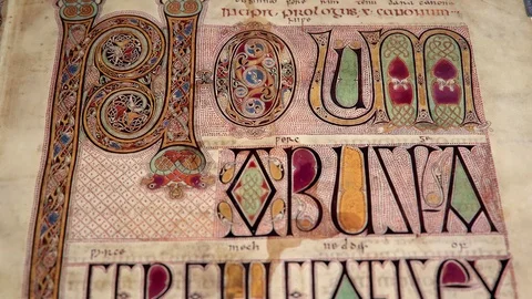 The Lindisfarne Gospels. Close, shallow depth of field, CGI shot. Stock Footage 120787871