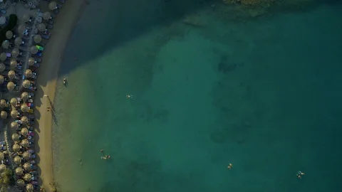 Lindos beach top down from above. Ionian sea coast. Aerial drone view flight Video stock 116910780