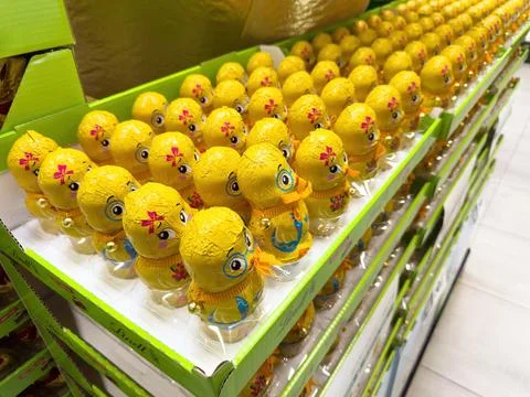 Lindt Yellow Duckling Chocolates on Easter Display Stock Photos