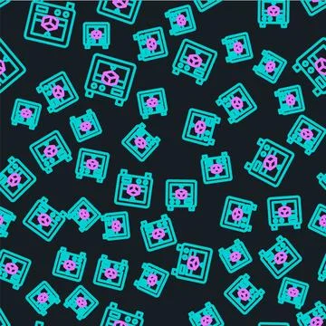 Line 3D printer icon isolated seamless pattern on black background. 3d prin.. Stock Illustration