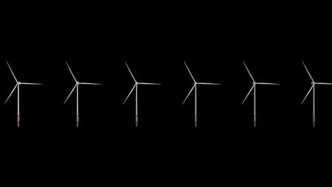 Line of 3D Rendered Wind Turbines Spinning on Black Background Stock Footage 332750241