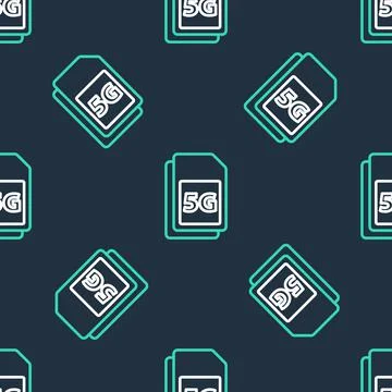Line 5G Sim Card icon isolated seamless pattern on black background. Mobile and Illustrazione stock