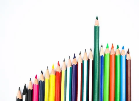 A line according to size of some different color wood pencil crayon on a whit Stock Photos
