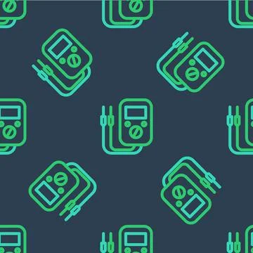 Line Ampere meter, multimeter, voltmeter icon isolated seamless pattern on blue Illustrazione stock