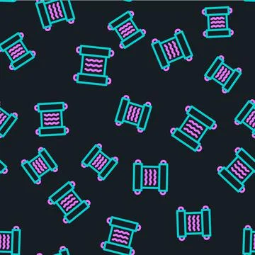 Line Ancient papyrus scroll icon isolated seamless pattern on black background Illustrazione stock
