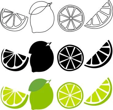 Line and flat Slice of fresh green lemon summer set. Fresh lemon fruits col.. Stock-Illustration