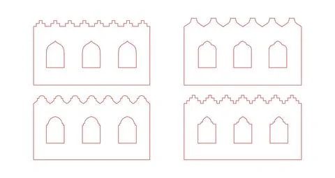 Line arabian wall with window, arch. Outline border with oriental pattern Stock Illustration
