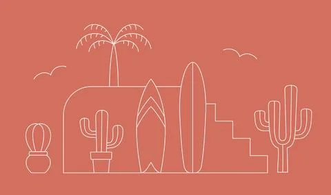 Line arabic surfing spot vector illustration. Moroccan style landscape Stock Illustration