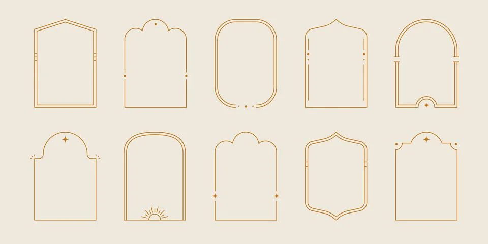 Line arch frame set. Minimal line style arch, oval shape boho frame element for Stock Illustration