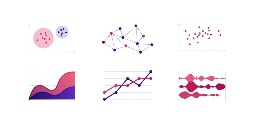 Line, area, stream chart on white. Sociogram, cluster analysis diagram. 库存插图