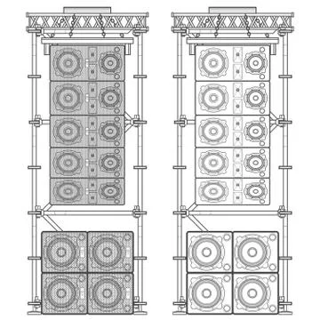 Line array concert acoustics scaffold suspension illustration. Illustrazione stock