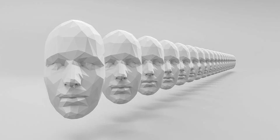 Line array of white creative male or female faces concept polygon surface mesh Stock-Illustration