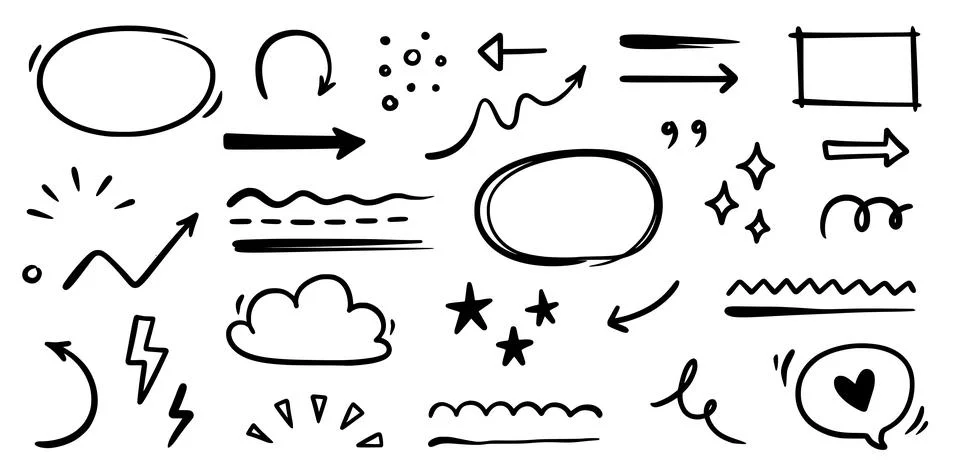 Line arrow, underline, round frame hand drawn vector element set. Hand drawn Stock Illustration