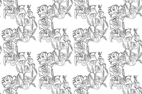 Line art abstract seamless pattern with growing tomatoes and peas vector il.. Stock Illustration