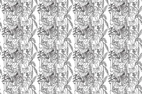 Line art abstract seamless pattern with growing tomatoes and peas vector il.. Stock Illustration