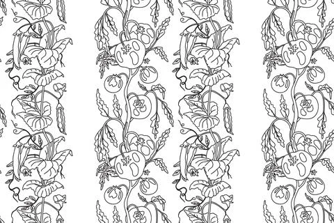 Line art abstract seamless pattern with growing tomatoes and peas vector il.. Stock Illustration