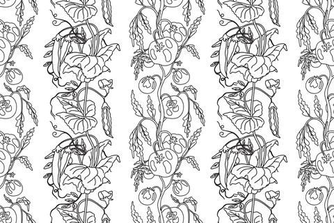 Line art abstract seamless pattern with growing tomatoes and peas vector il.. Stock Illustration