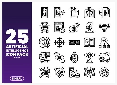 Line art Artificial Intelligence icon set with vector graphics on white bac.. Stock Illustration