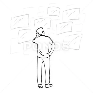 Line art back view of confused businessman looking at many screens ...