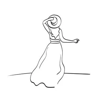 Line art back view of full length woman with big hat standing illustration Stock Illustration