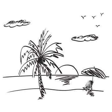 Line art beach background with bed and umbrella illustration vector Stock Illustration