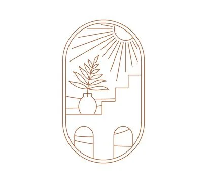 Line art boho window symbol with sun and vase Stock Illustration
