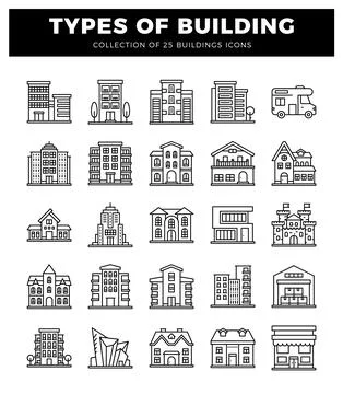 Line art building icons on a white background Ilustración de archivo
