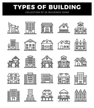 Line art building types. various architectural styles. flat design. Ilustración de archivo
