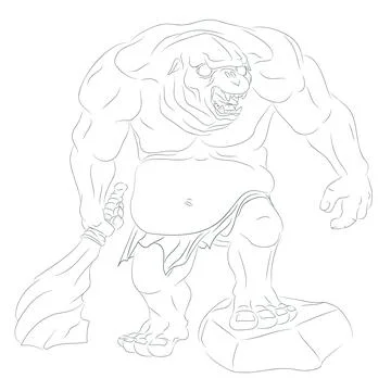 Line art of cave troll with stone thick stick. Stock Illustration