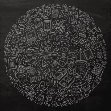 Line art chalkboard vector hand drawn set of Travel cartoon dood イラスト素材