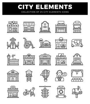 Line art city elements and icons on a white background イラスト素材