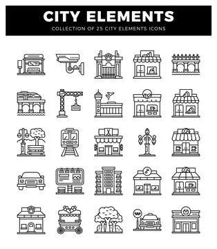 Line art city elements collection with building icons and transportation Ilustración de archivo