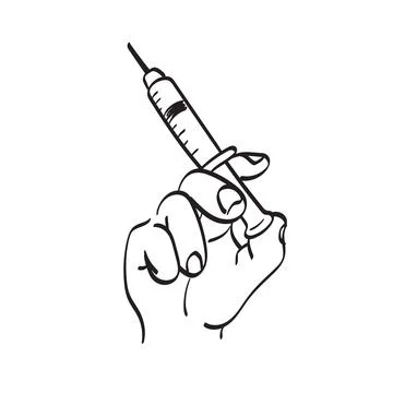 Line art closeup hand using syringe illustration vector hand drawn isolated Stock Illustration